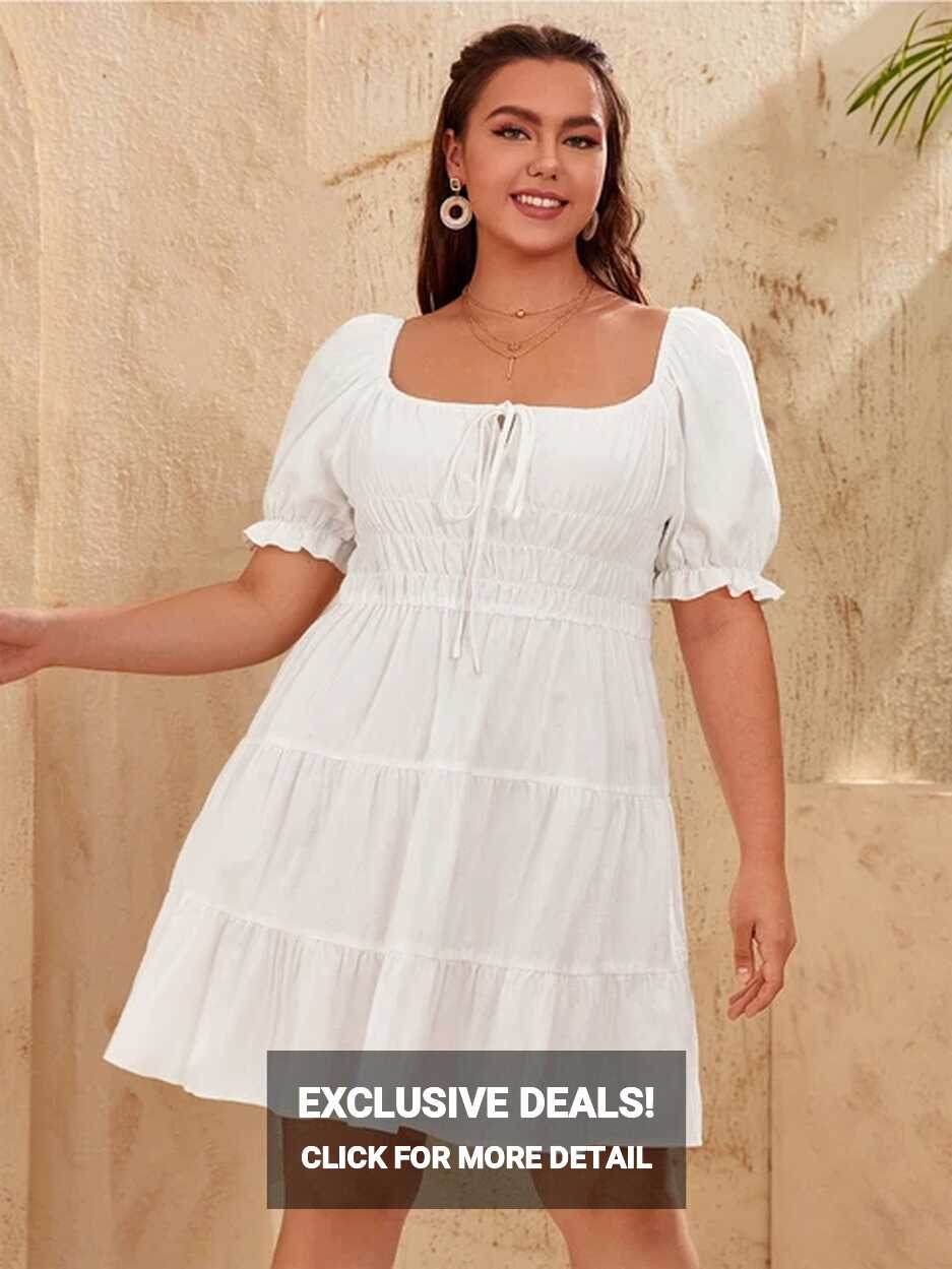 Women&#39;S Plus Size White Dress Summer Casual Slash Neck Short ...