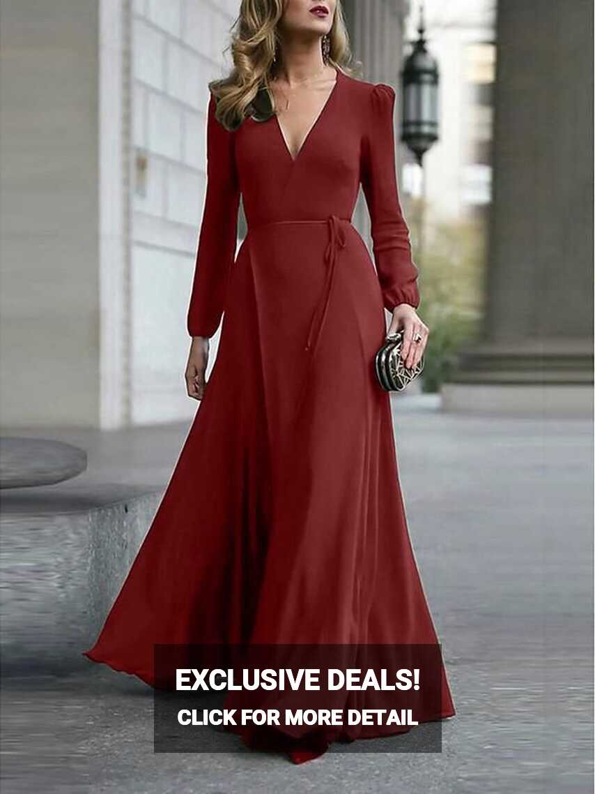 Women&#39;s A-Line Dress Maxi long Dress Long Sleeve Solid Color Split ...