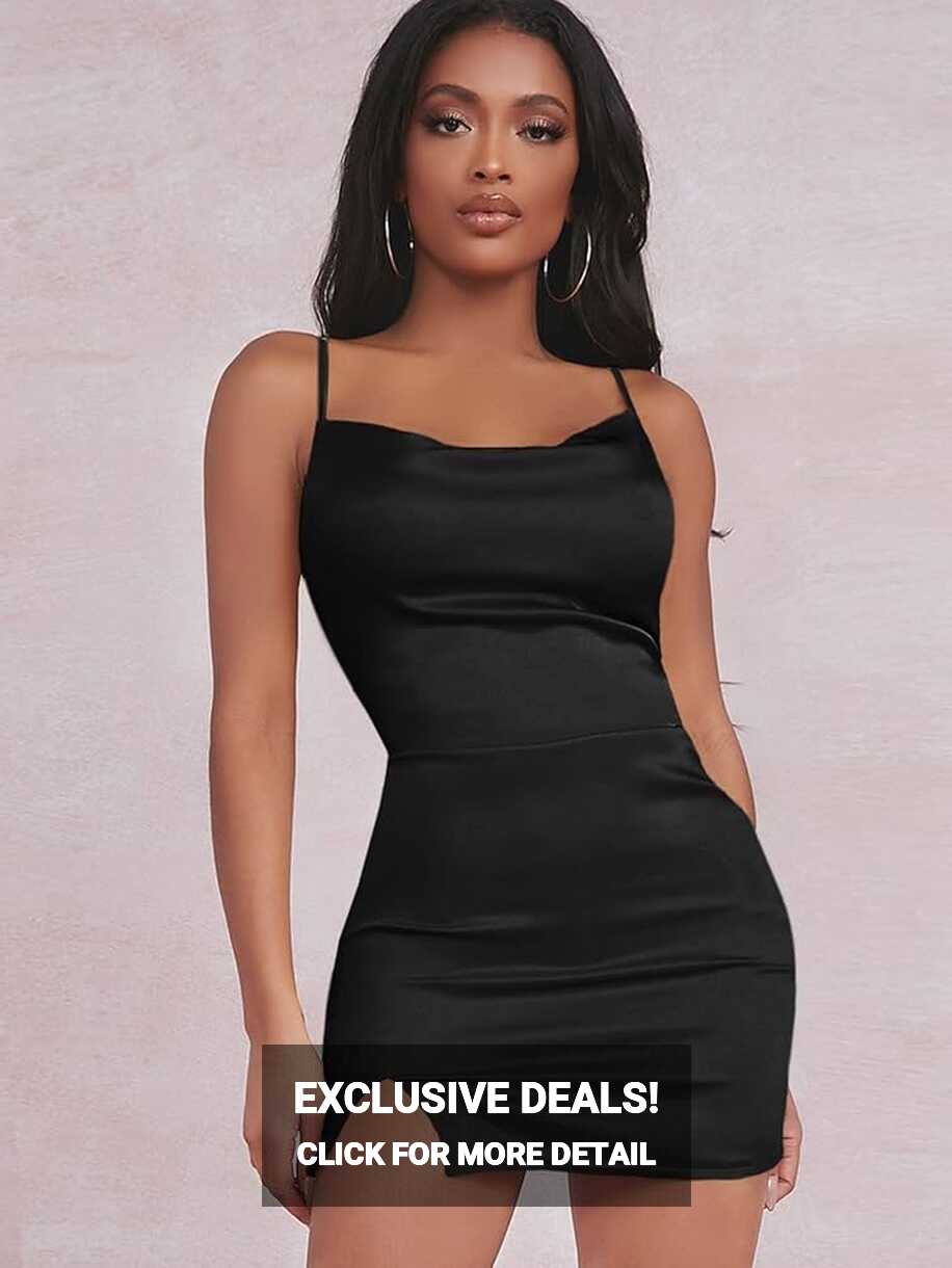 Women&#39;s Black Dress Summer Slit Satin Bodycon Dress Casual Sexy ...