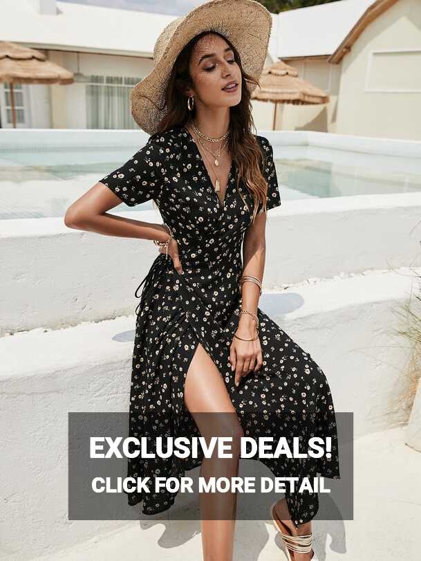 Women&#39;s Black Dress Summer V Neck Floral Knot Side Wrap Dress ...