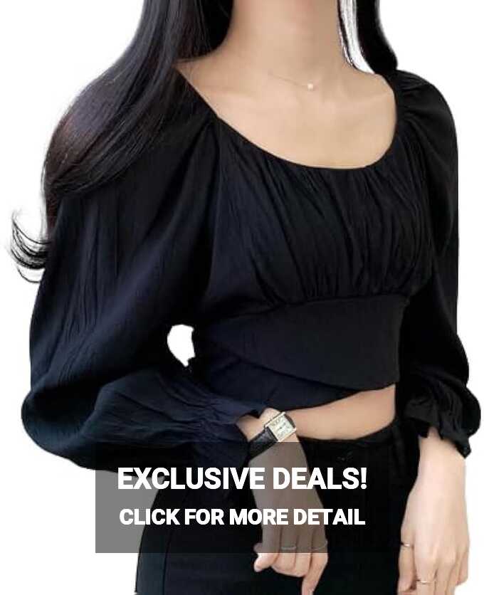 Women&#39;s Black Long Lantern Sleeve Tie Up Back Crop Blouse Top Cute ...