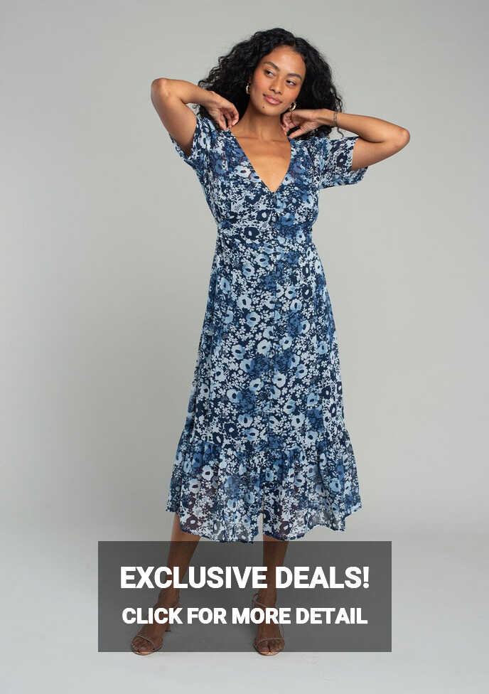 Women&#39;s Bohemian Blue Floral Chiffon Midi Dress | LOVESTITCH