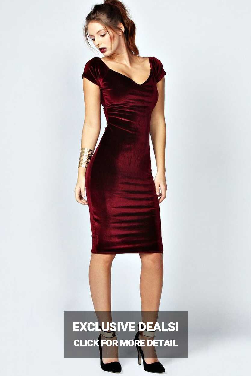 Women&#39;s Burgundy Velvet Bodycon Dress, Black and Gold Suede Pumps ...