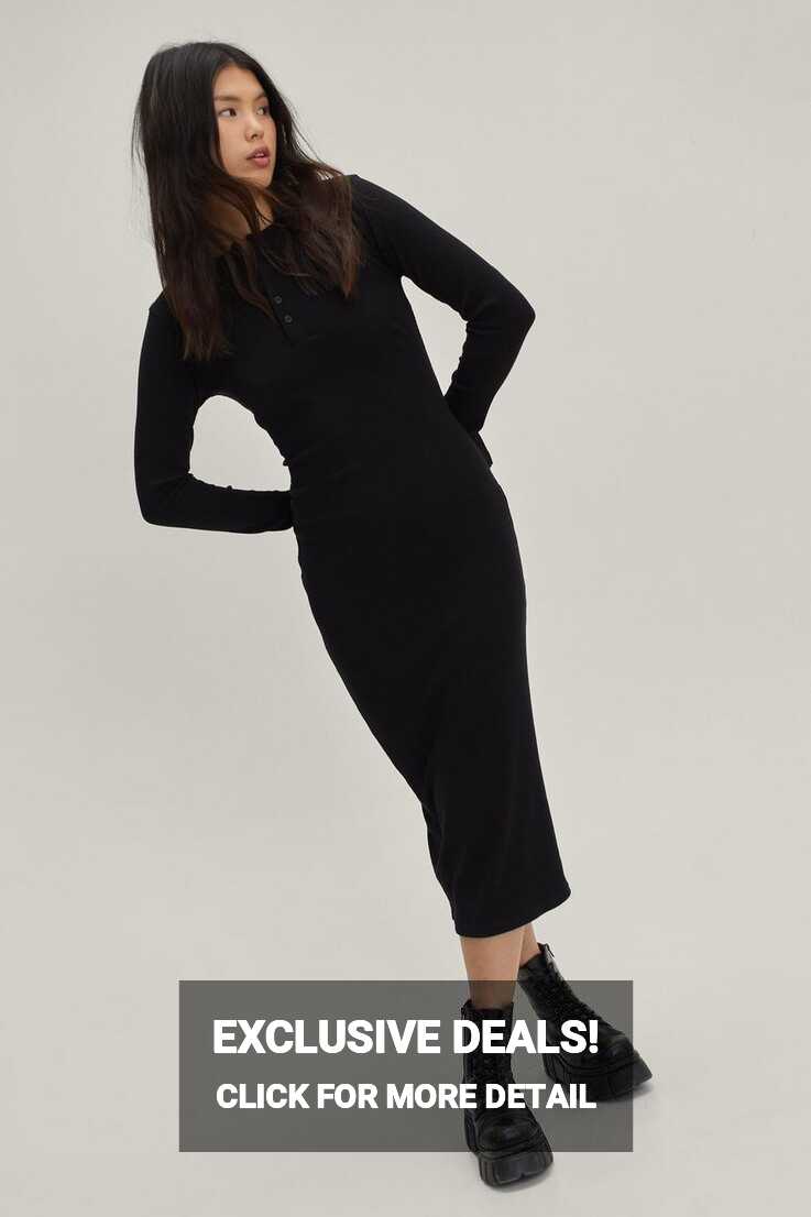 Women&#39;s Button Down Long Sleeve Ribbed Midi Dress | Boohoo UK