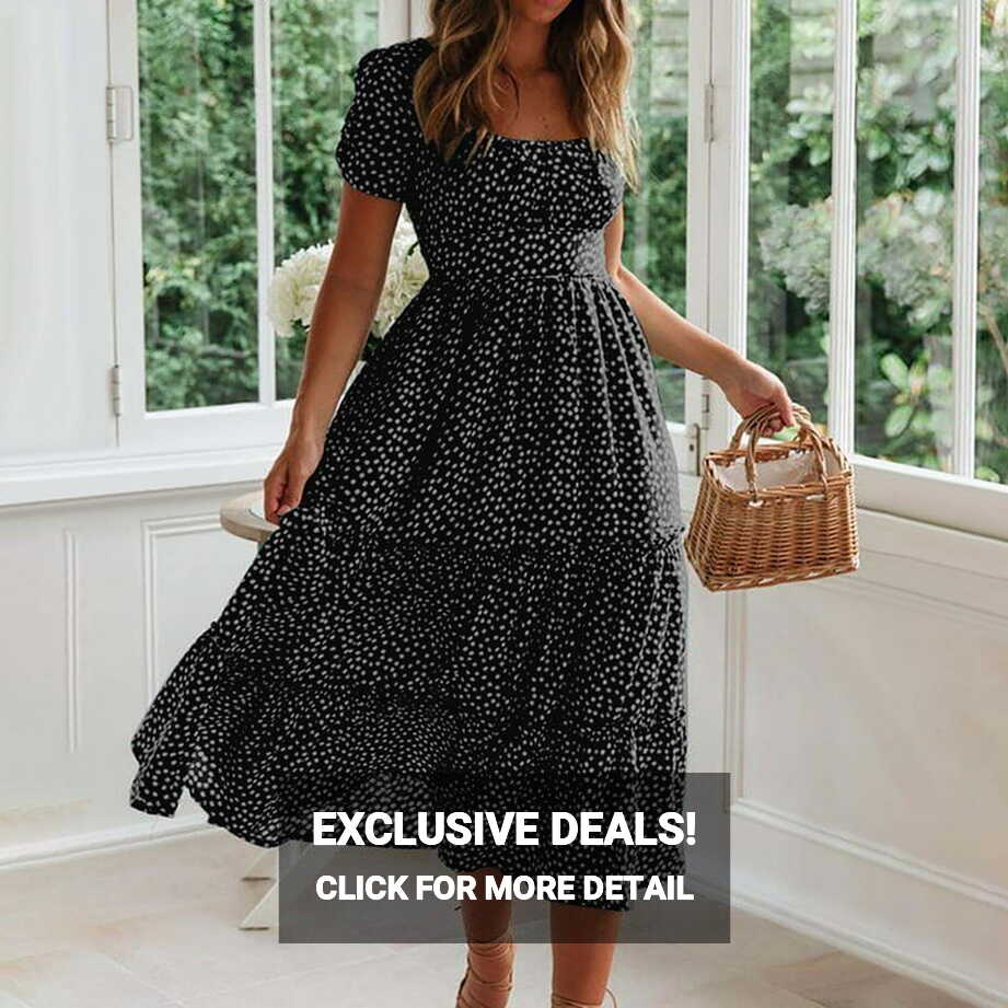 Women&#39;s Casual Midi Dress: Summer, Puffy Short Sleeve, Square Neck ...