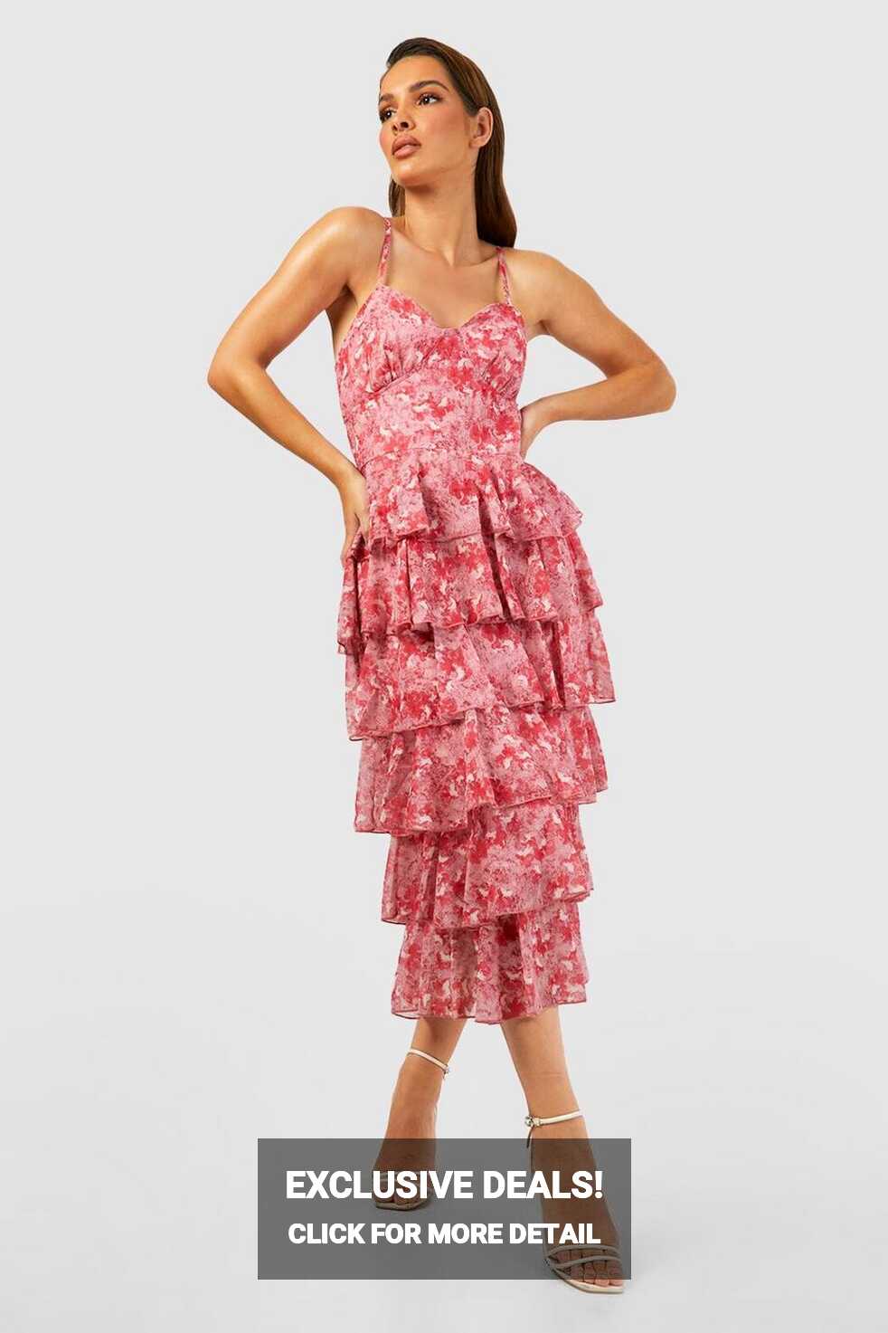 Women&#39;s Chiffon Floral Tiered Strappy Midi Dress | Boohoo UK