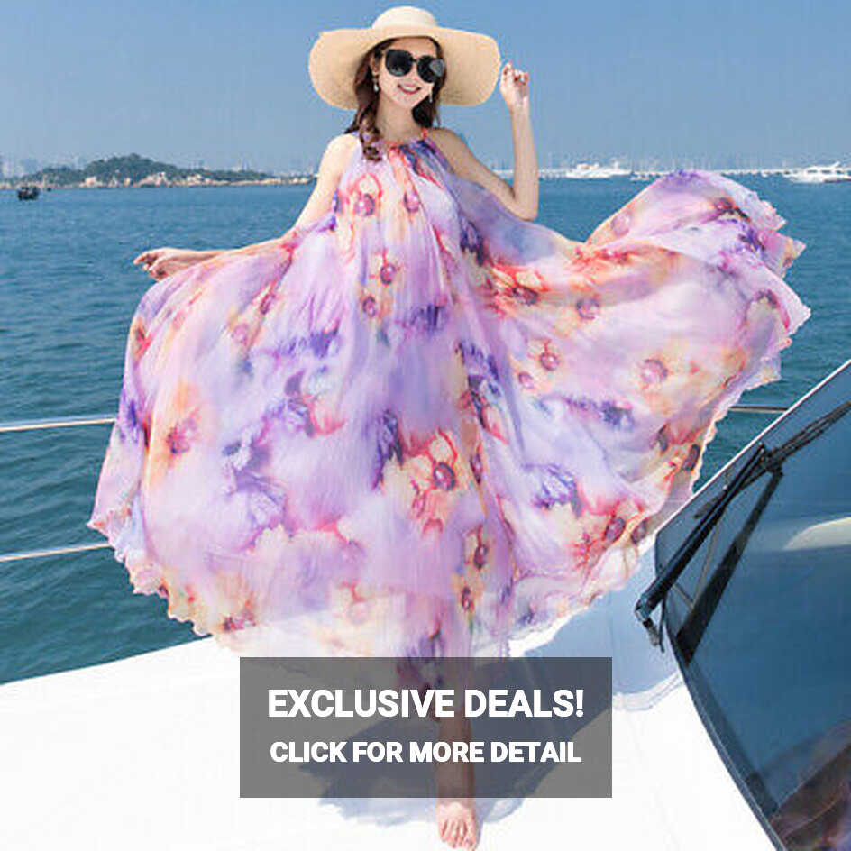 Women&#39;s Chiffon Maxi Dress Floral Print Sleeveless Summer Beach ...