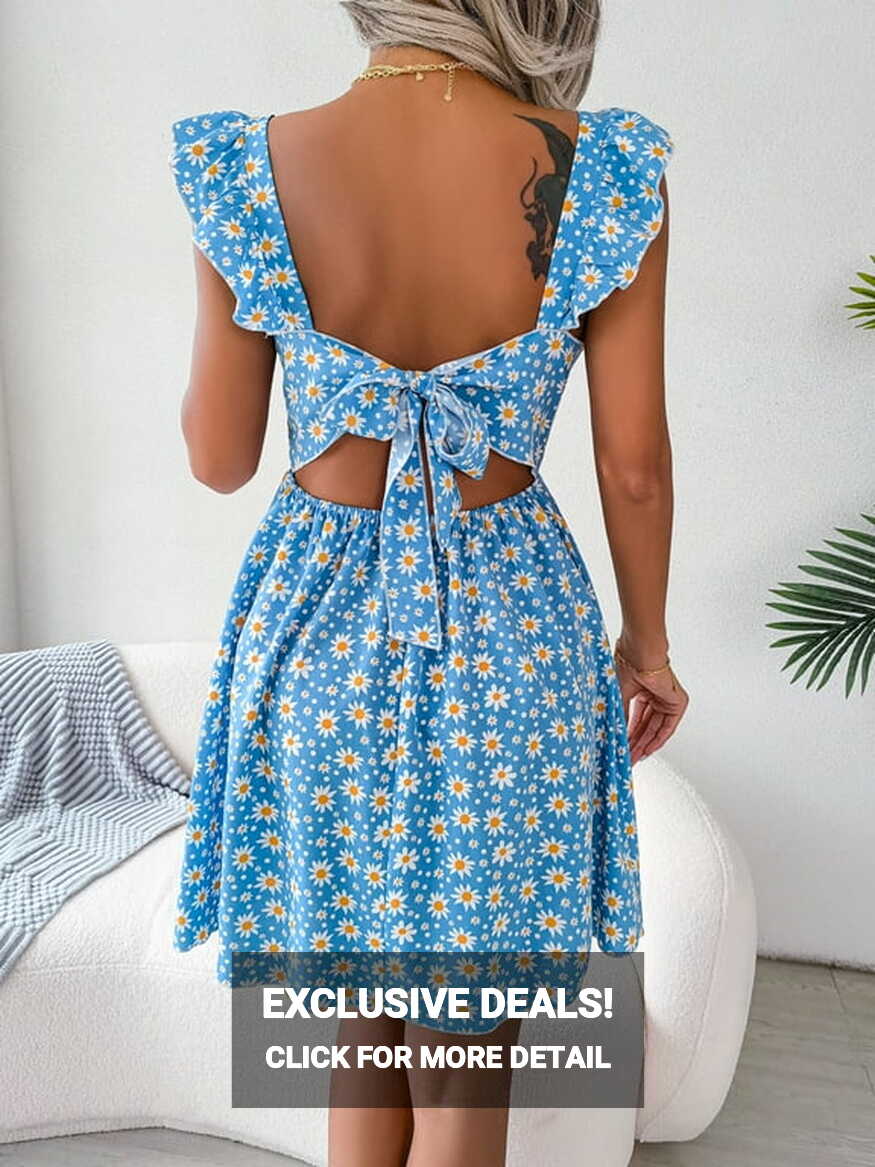 Women&#39;s Cute Tie Back Ruffle Strap flower Dress A Line sleeveless ...