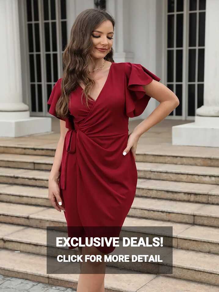 Women&#39;s Deep V neck Ruffle Sleeve Cocktail Dress Wrap Formal ...