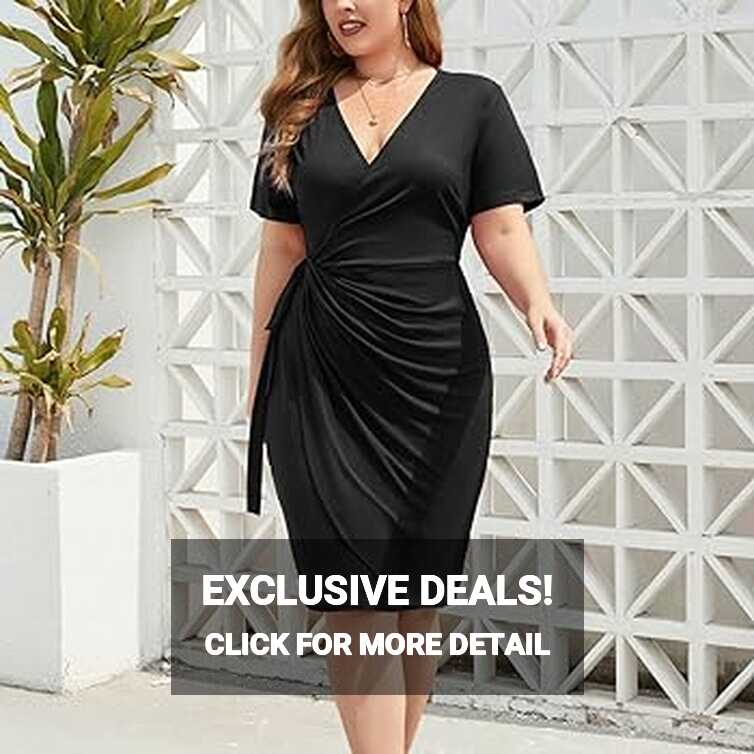 Women&#39;s Elegant Ruched Wrap Dress Plus Size V Neck Tie Waist Short ...