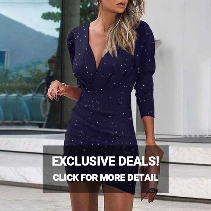 Women&#39;s Evening Dress Short Glitter Party Dress Deep V-Neck Long ...