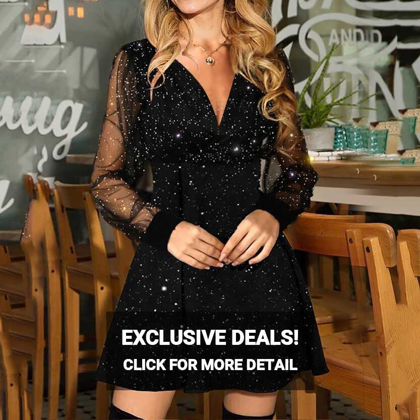 Women&#39;s Fashion Long Sleeve Mesh V-neck Dress Retro Sheer Glitter ...