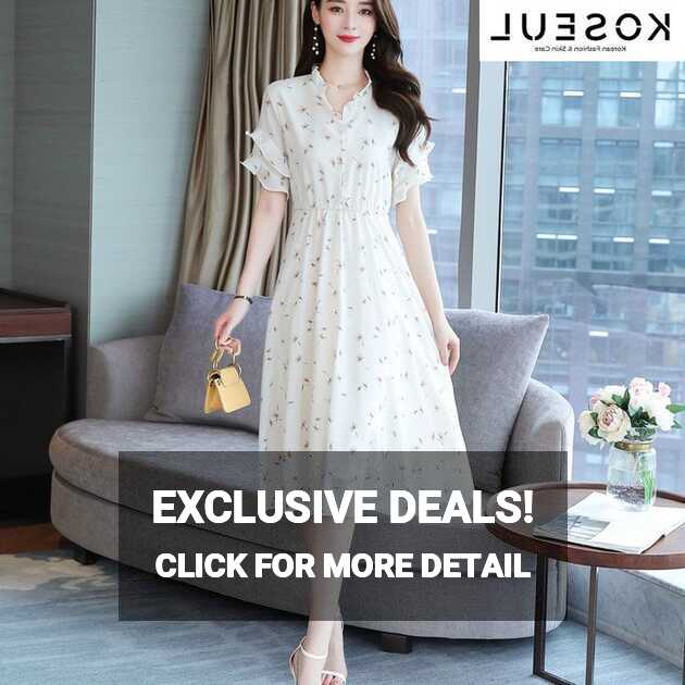 Women&#39;s Floral Dress Korean-style Waist Trimming Short-sleeved Chiffon