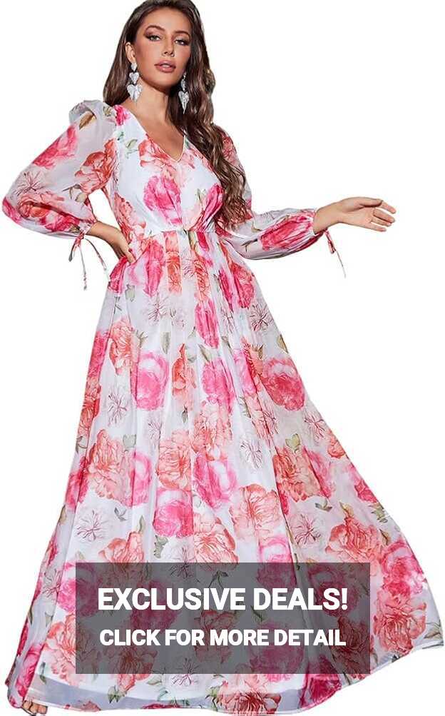 Women&#39;s Floral Print Long Sleeve Chiffon Elegant Maxi Dress Casual ...