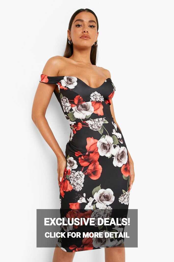 Women&#39;s Floral Print Off Shoulder Bodycon Midi Dress | Boohoo UK