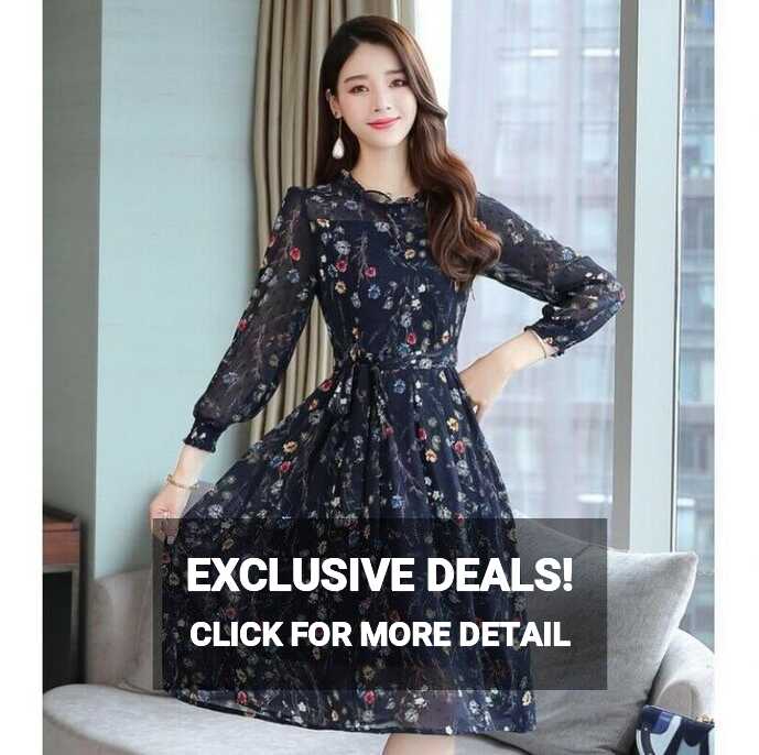 Women&#39;s Floral Printing Slim Fit Knee Length Dress Chiffon A-Line ...