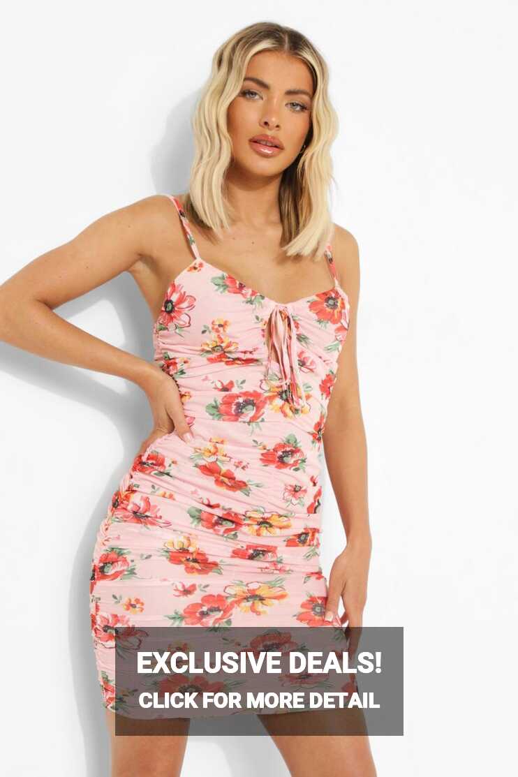 Women&#39;s Floral Strappy Ruched Bodycon Mini Dress | Boohoo UK