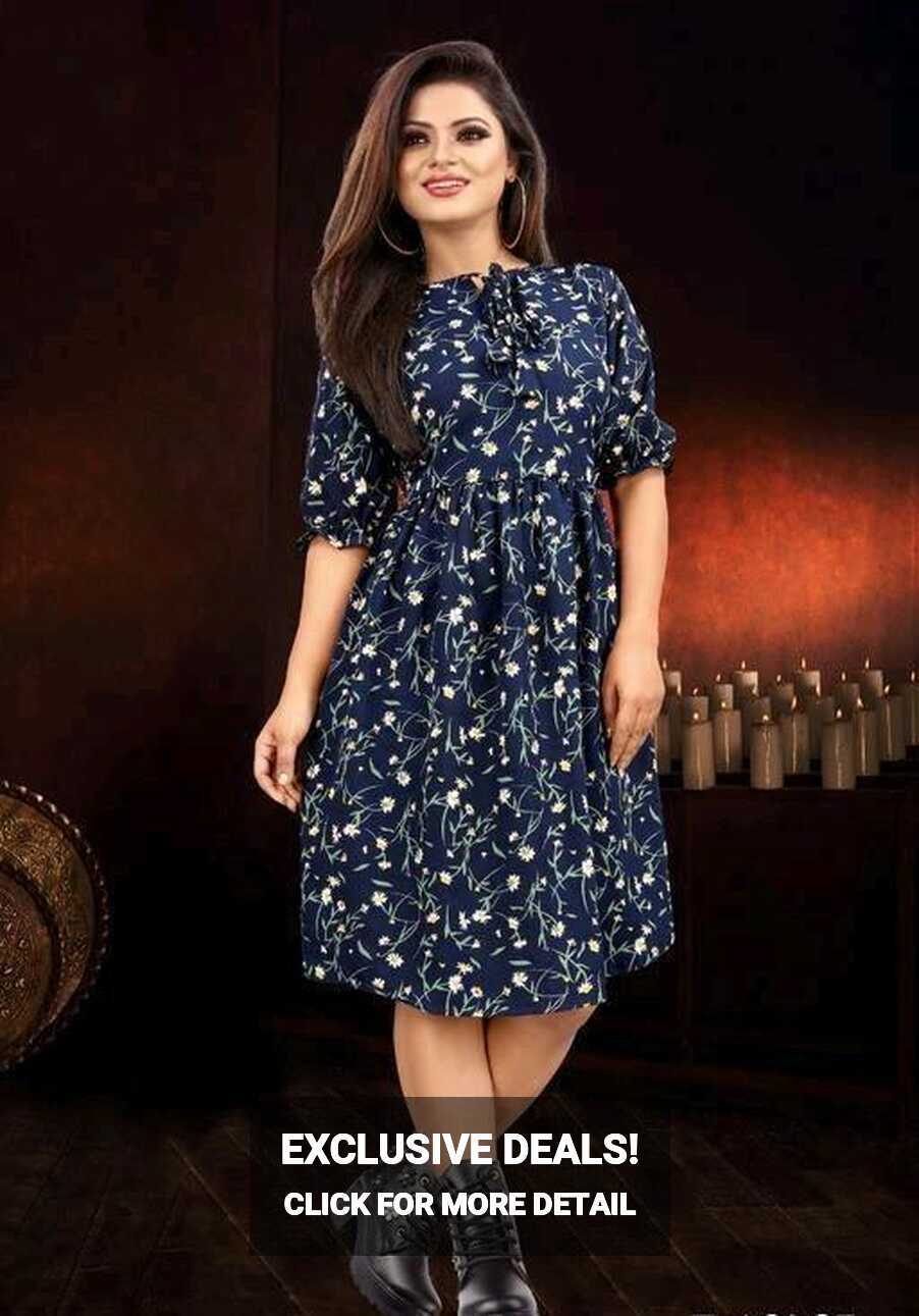 Women&#39;s Knee Length Navy Blue Casual Floral Dress – Designer mart