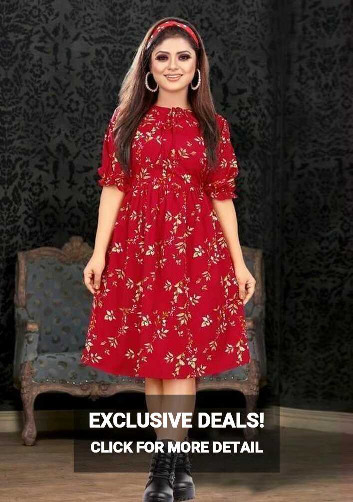 Women&#39;s Knee Length Red Casual Floral Dress – Designer mart