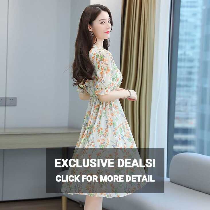 Women&#39;s Korean Style Ruffle Sleeve Mid-Length Dress Summer Print ...