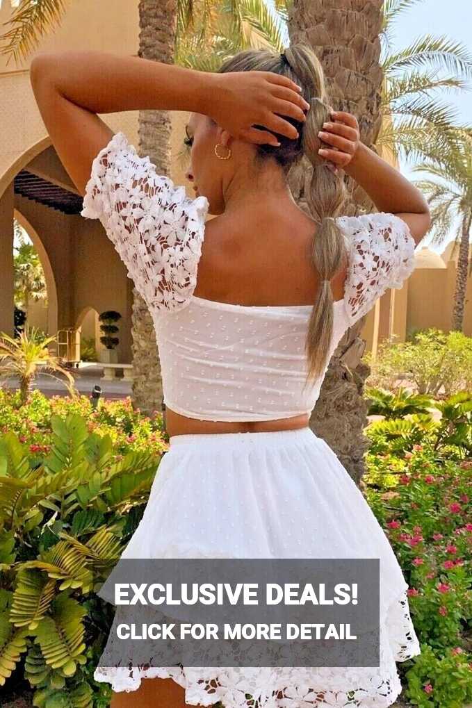 Women&#39;s Lace Two Piece Set Casual Party Short Sleeve Crop Top and ...