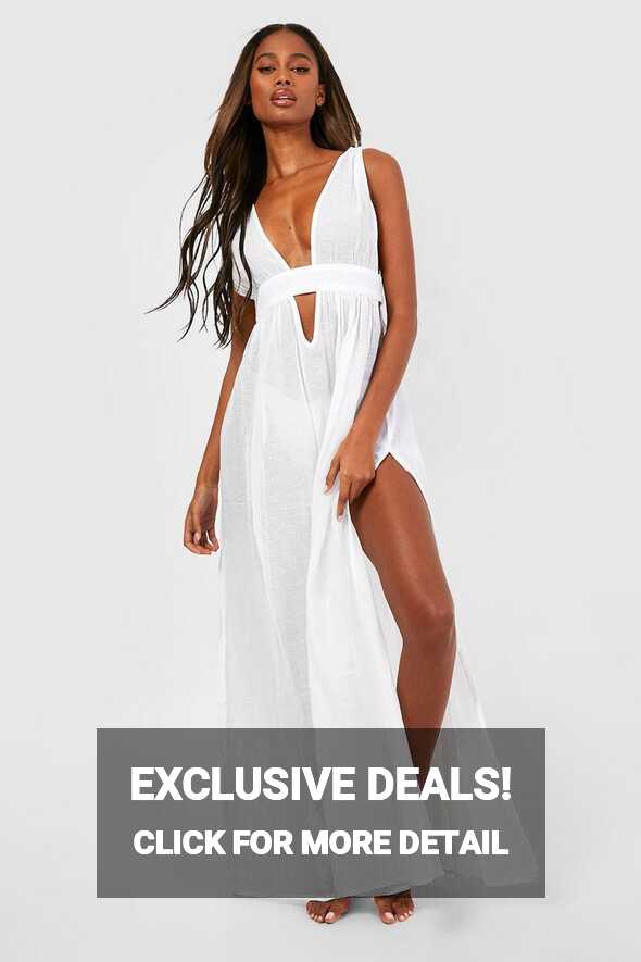 Women&#39;s Linen Look Plunge Split Maxi Beach Dress | Boohoo UK