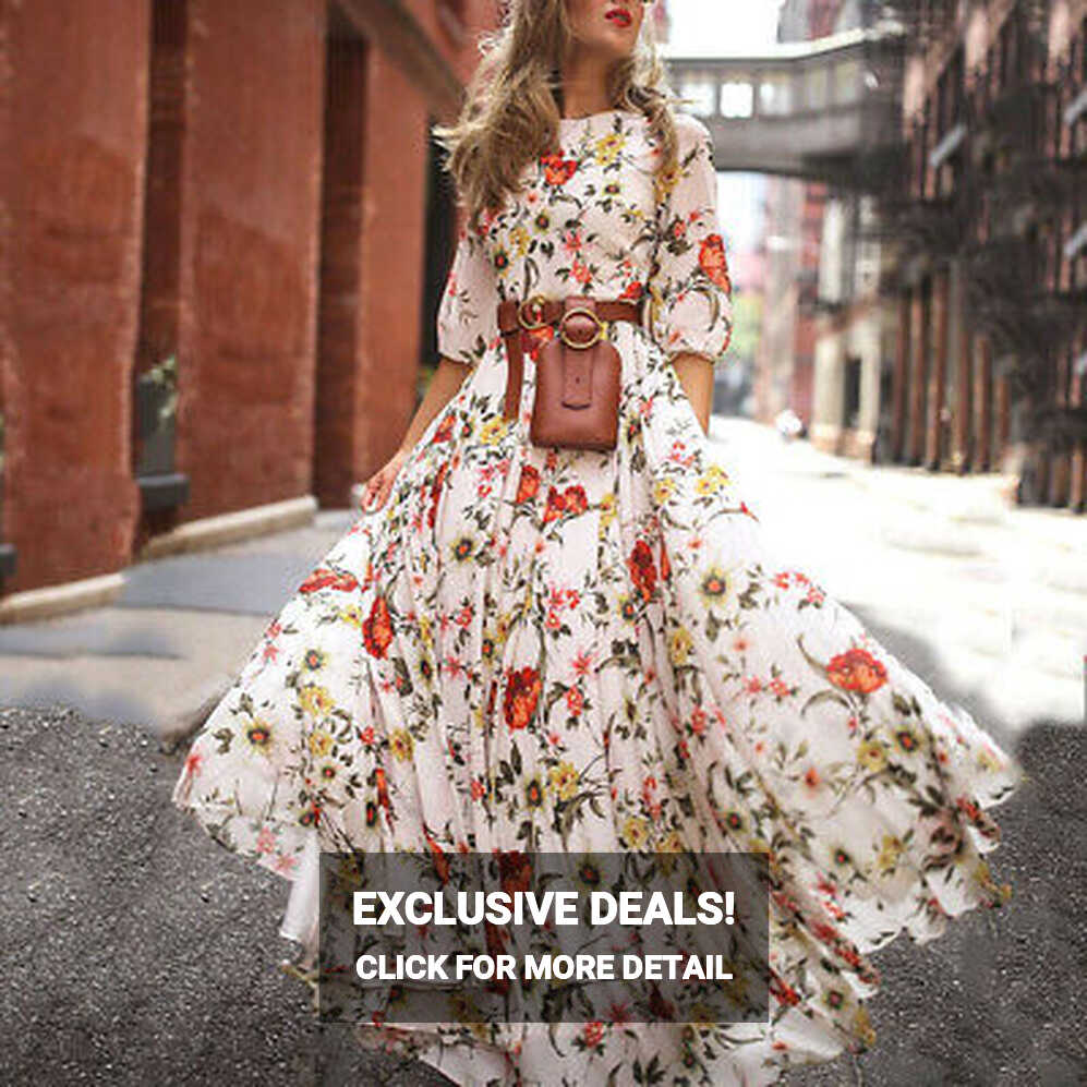 Women&#39;s Long Sleeve Boho Maxi Ladies Summer Floral Dresses Flower ...