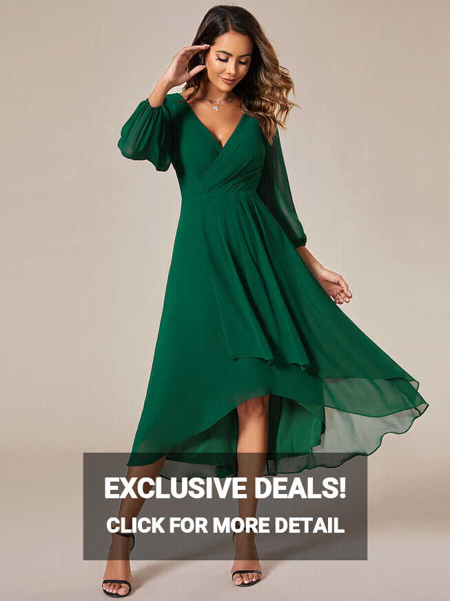 Women&#39;s Long Sleeves Asymmetrical Hem A-Line Midi Wedding Guest ...