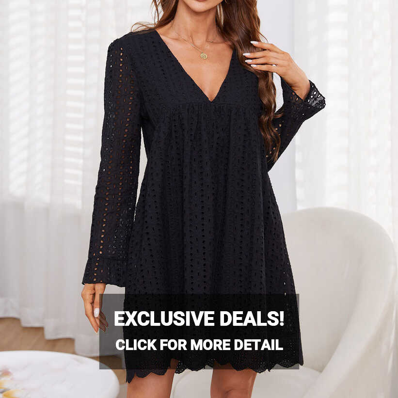 Women&#39;s Plain Casual Dress Long Sleeve V Neck Floral Lace Hollow ...