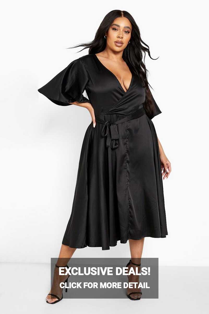 Women&#39;s Plus Satin Angel Sleeve Wrap Midi Dress | Boohoo UK