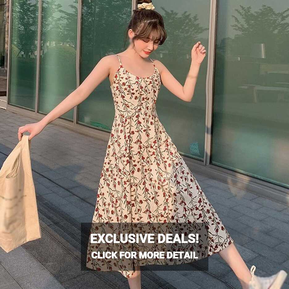 Women&#39;s Round Neck Floral Spaghetti Strap Summer Dress Midi Swing ...