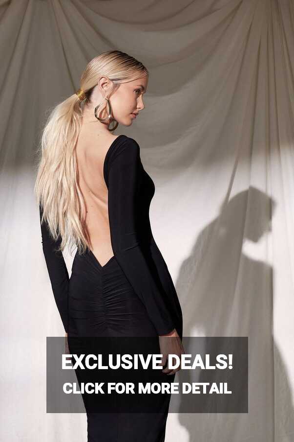 Women&#39;s Ruched Bum Low Back Slinky Long Sleeve Maxi Dress | Boohoo UK