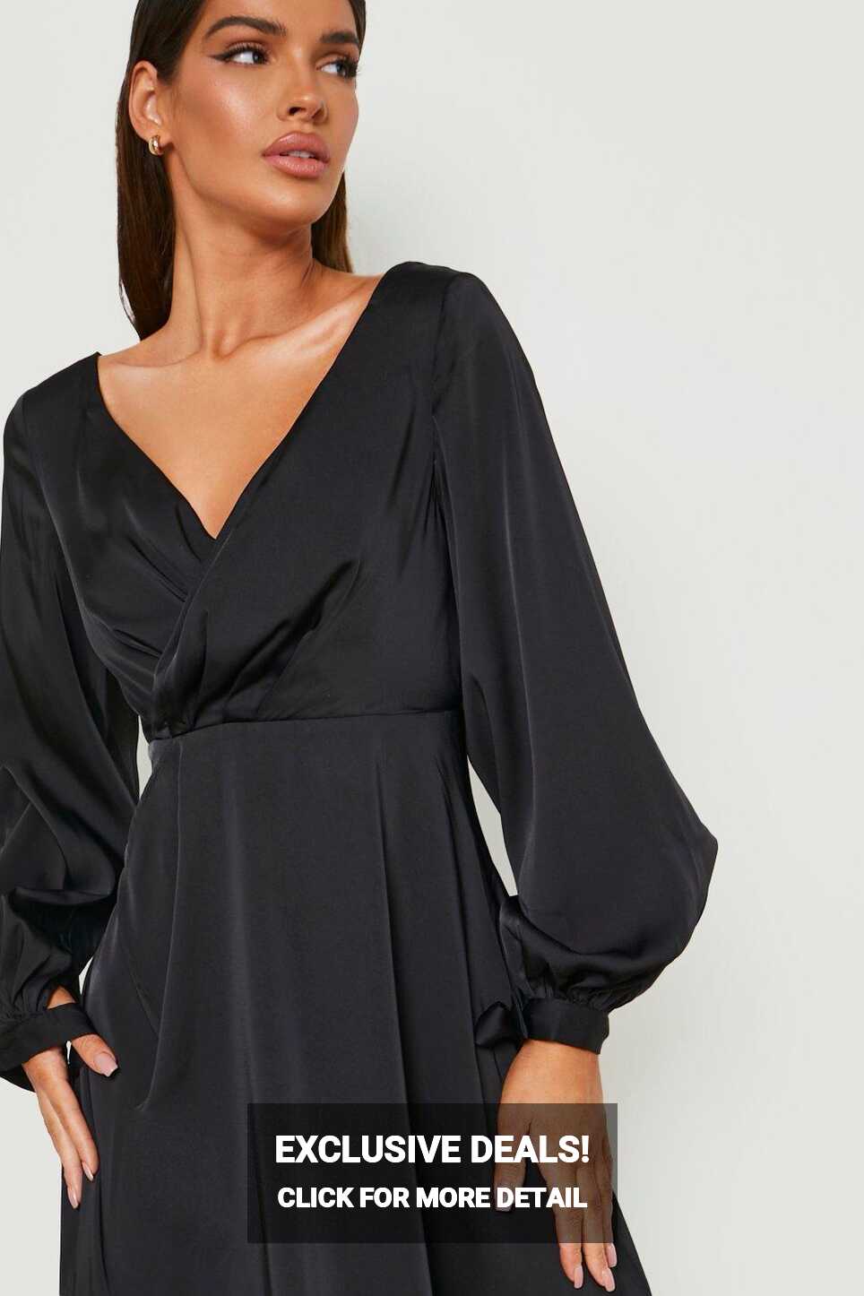 Women&#39;s Satin Long Sleeve Wrap Midi Dress | Boohoo UK