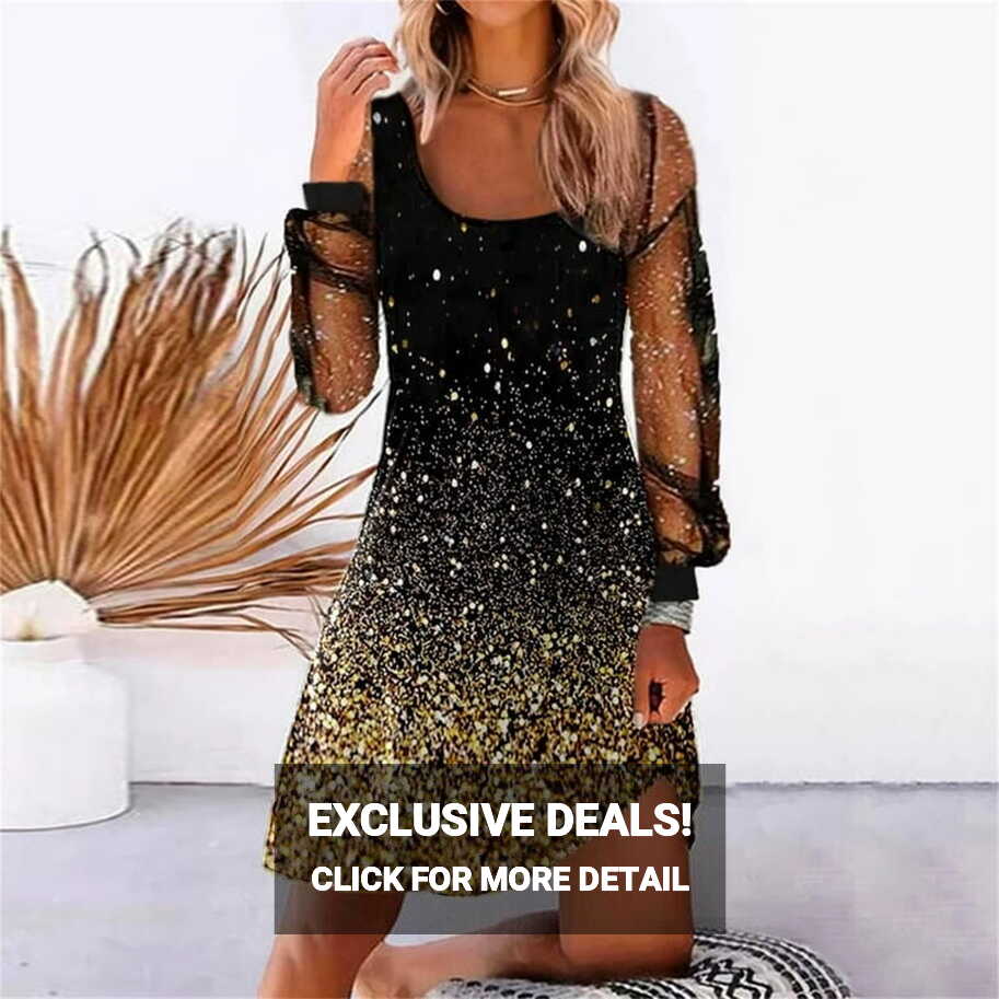 Women&#39;s Sequin Mini Dress Mesh Long Sleeve Sparkle Glitter Dress ...