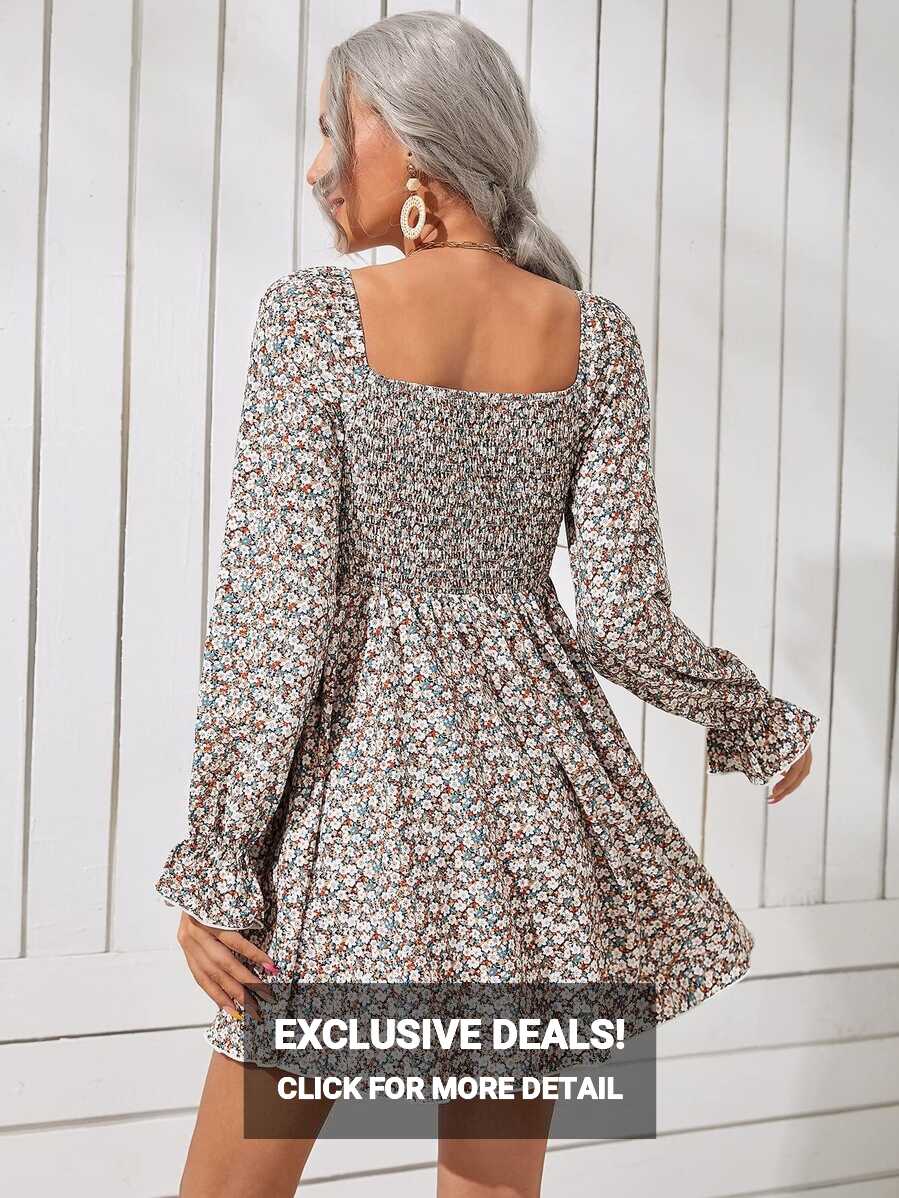 Women&#39;s Short Dresses Floral Shirred Bodice Long Sleeve Square ...