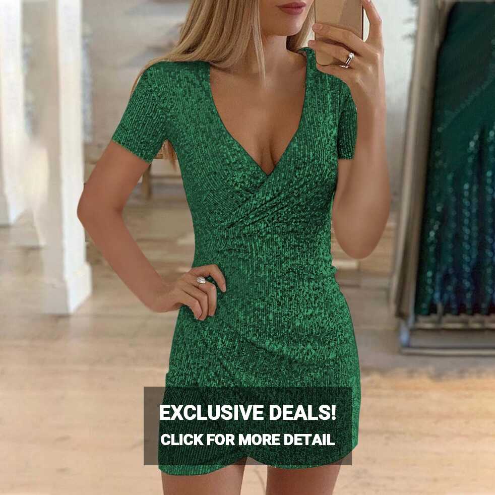 Women&#39;s Short/Long Sleeve Sequin Wrap Dress Fashion Sexy V-neck ...