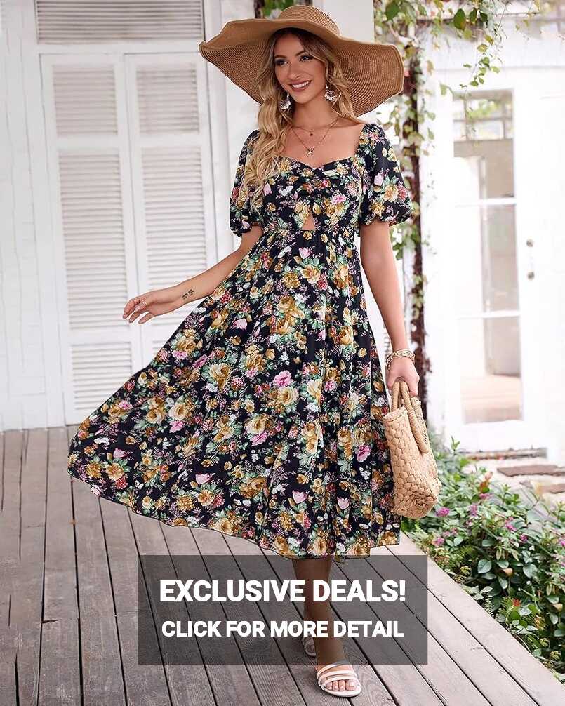 Women&#39;s Short Sleeve Square Neck Dress Floral Swing Sundresses ...