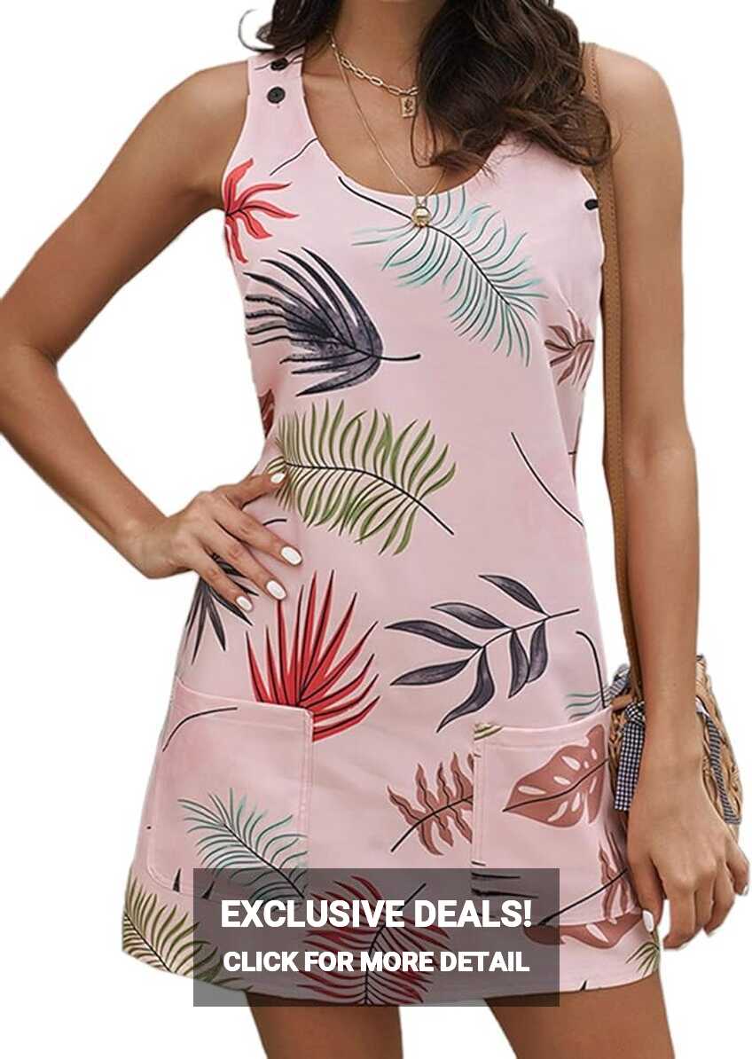 Women&#39;s Sleeveless Button Shoulder Tropical Short Tank Dress ...