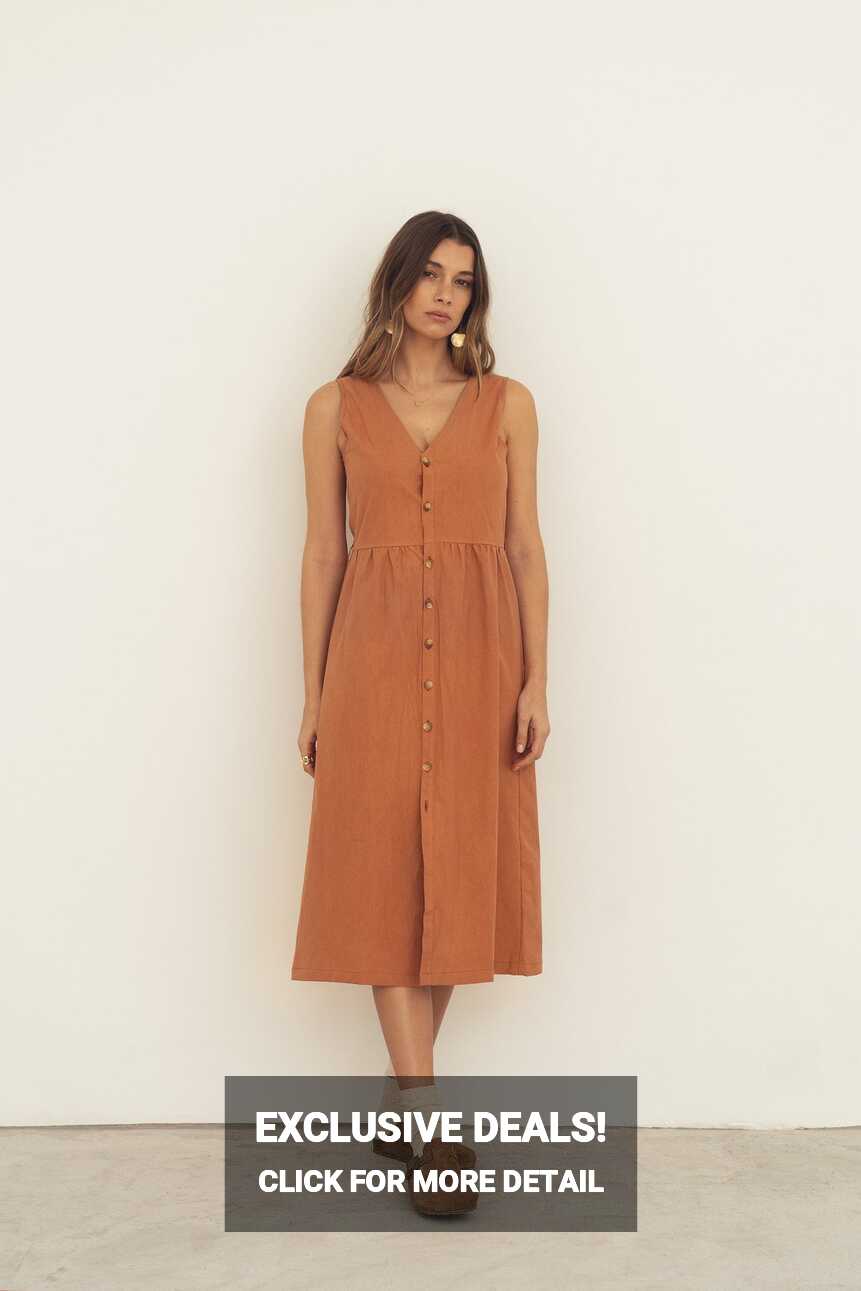 Women&#39;s Sleeveless Button Up Midi Dress in Recycled Cotton- Peach ...