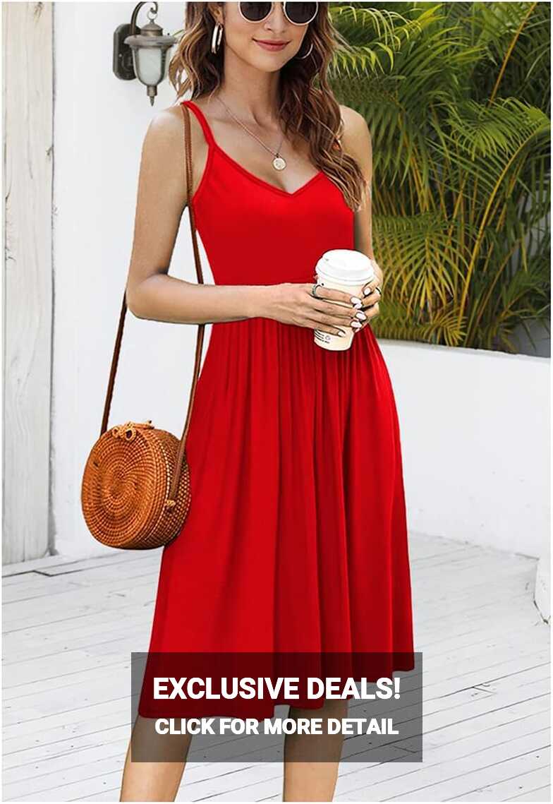 Women&#39;s Summer Casual Swing Midi Dresses Spaghetti Strap V-Neck ...