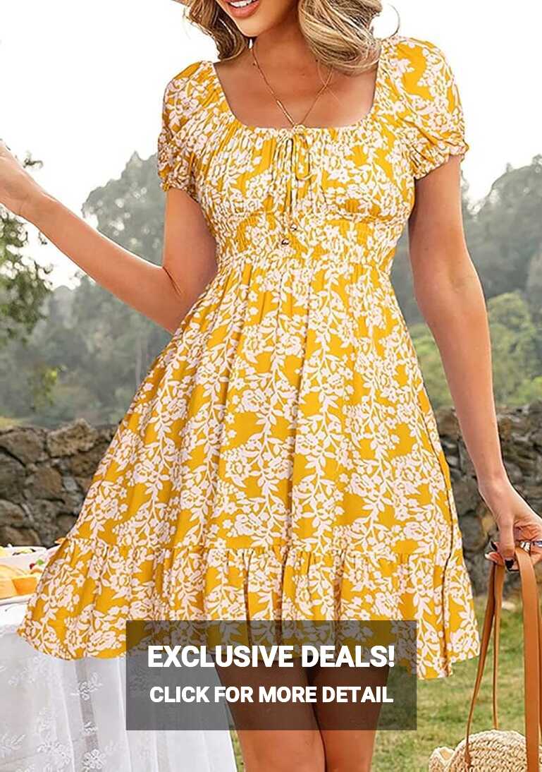 Women&#39;s Summer Dresses Puff Sleeves Vintage Sexy Casual Tunic ...