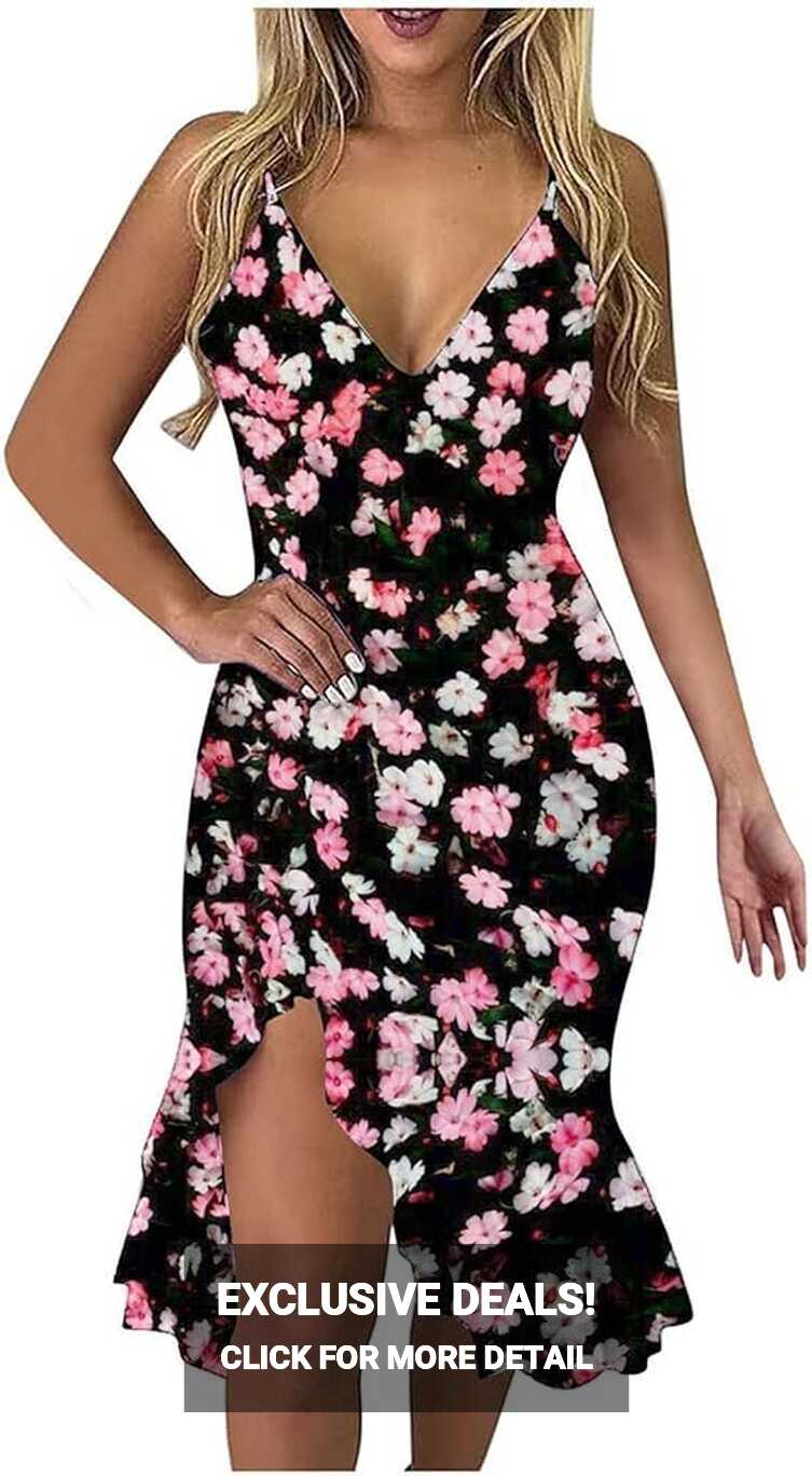 Women&#39;s Summer Floral Print Beach Dress Slim Fit Side Slit Bodycon ...