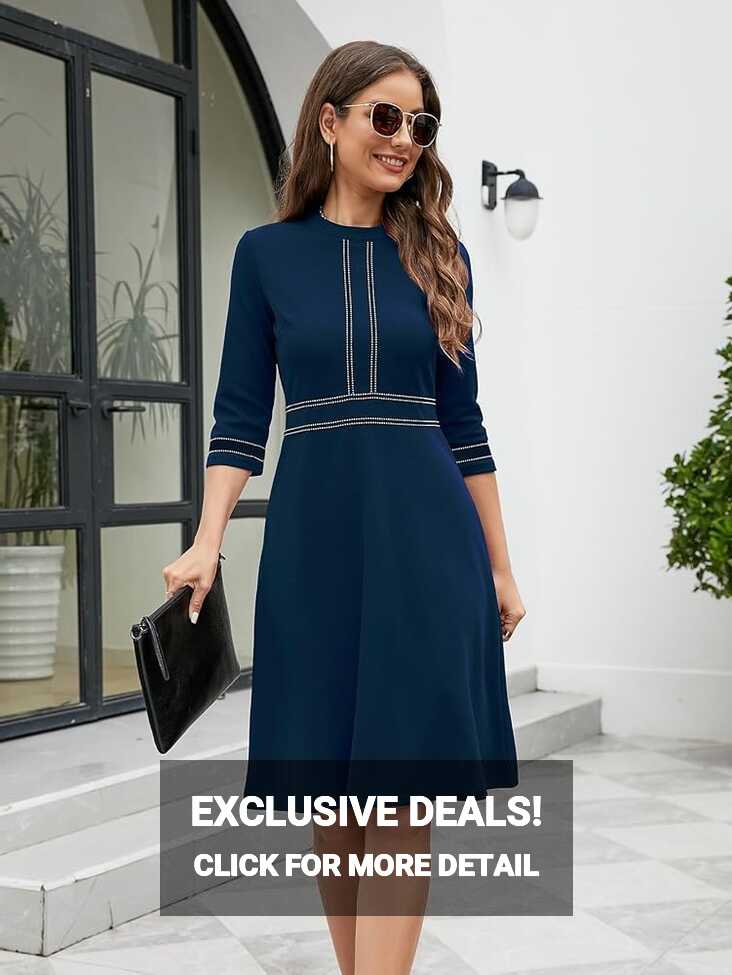 Women&#39;s Summer Knee Length Dress Round Neck High Waist Contrast ...