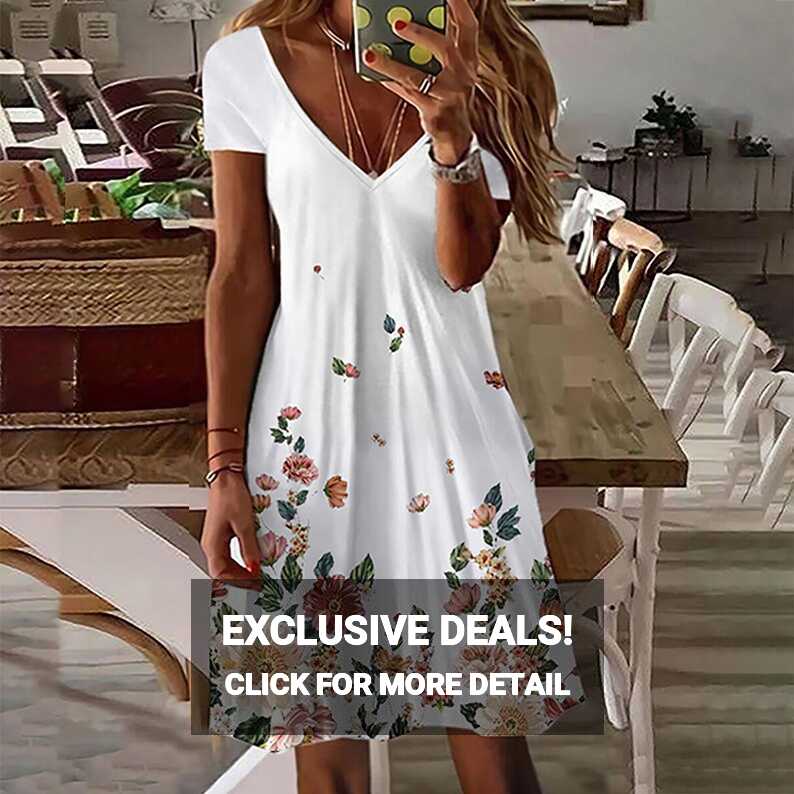 Women&#39;s Summer Mini Dress Casual Short Sleeve V Neck Floral Print ...