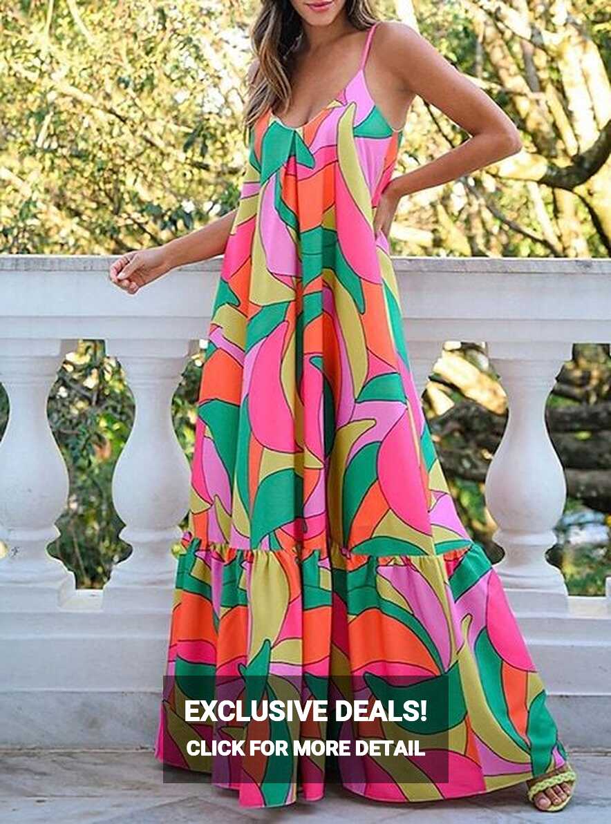 Women&#39;s Swing Dress Maxi long Dress Rainbow Sleeveless Color Block ...