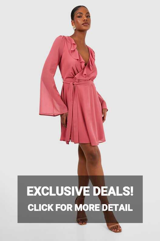 Women&#39;s Tall Chiffon Ruffle Wrap Skater Dress | Boohoo UK