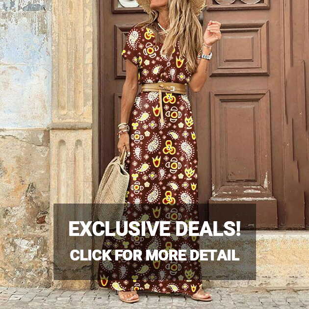 Women&#39;s V Neck Maxi Dress, Floral Printed Short/Long Sleeve, Boho ...