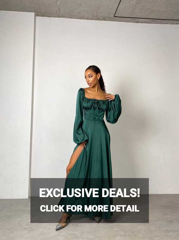 Women&#39;s Wedding Guest Maxi Dress. Emerald Square Neck Dress With ...