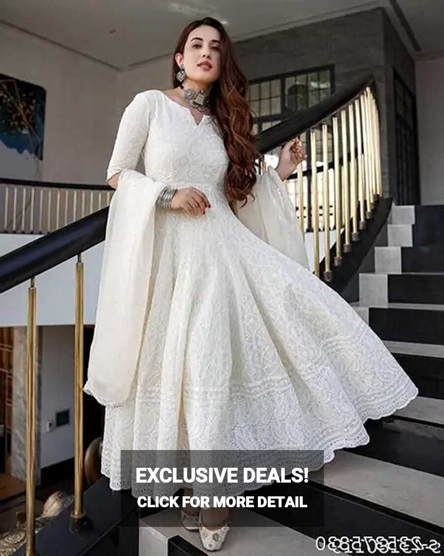 Women&#39;s White Anarkali Style Long Gown Kurta Set with Dupatta.