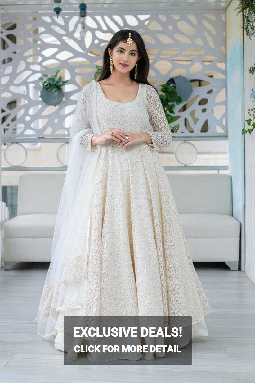 Women&#39;s White Anarkali suit set with Skirt &amp; Dupatta by Label Shaurya